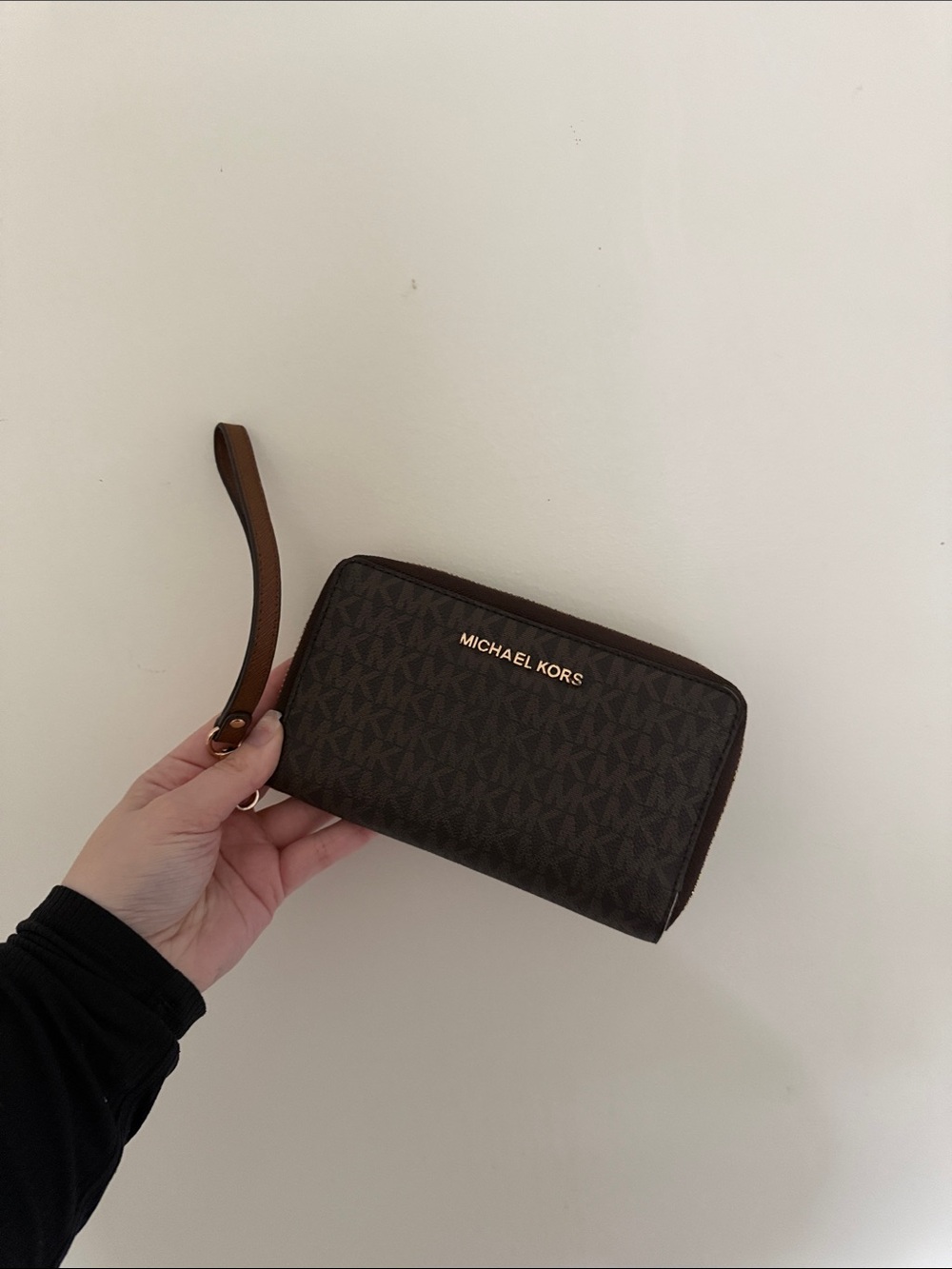 Michael Kors Dark Brown Signature Wristlet Card Holder with Gold Logo